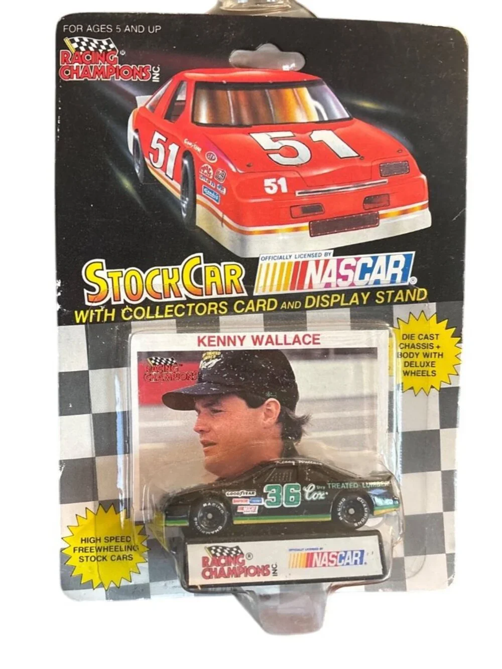 Die Cast Racing Champions NASCAR Stock Car Kenny Wallace Collectors Card Stand